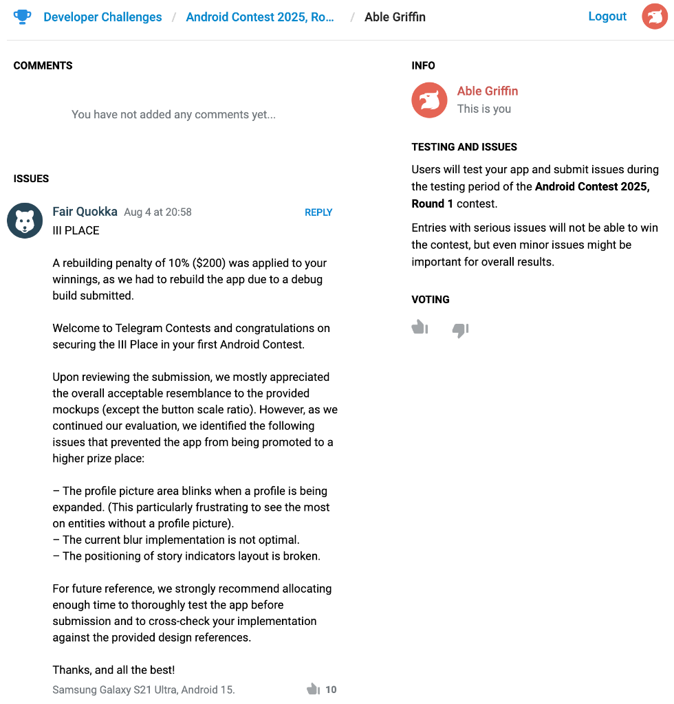 Telegram Contest Feedback
